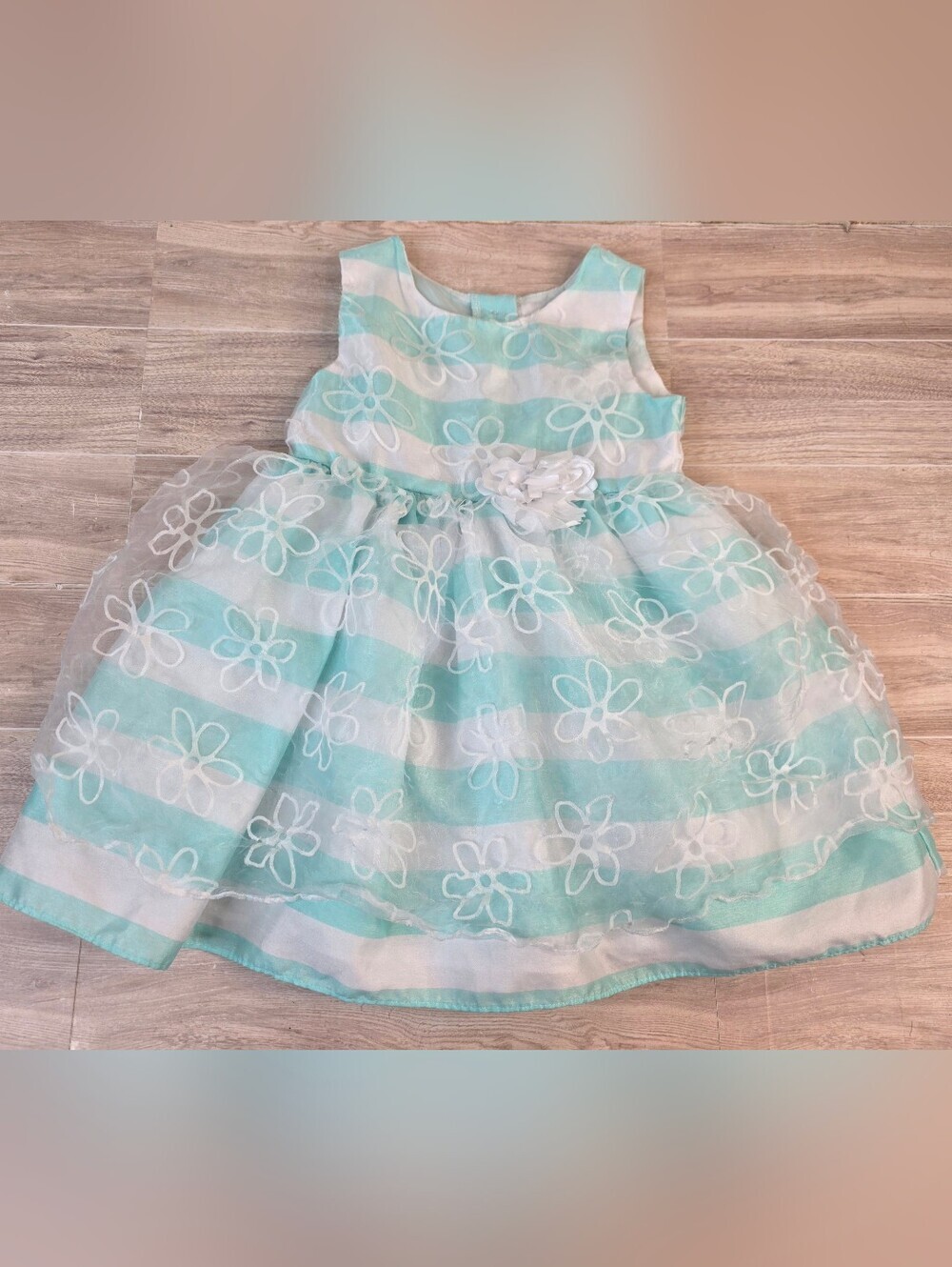 Girls 3T George Aqua and White Floral Striped Party Dress